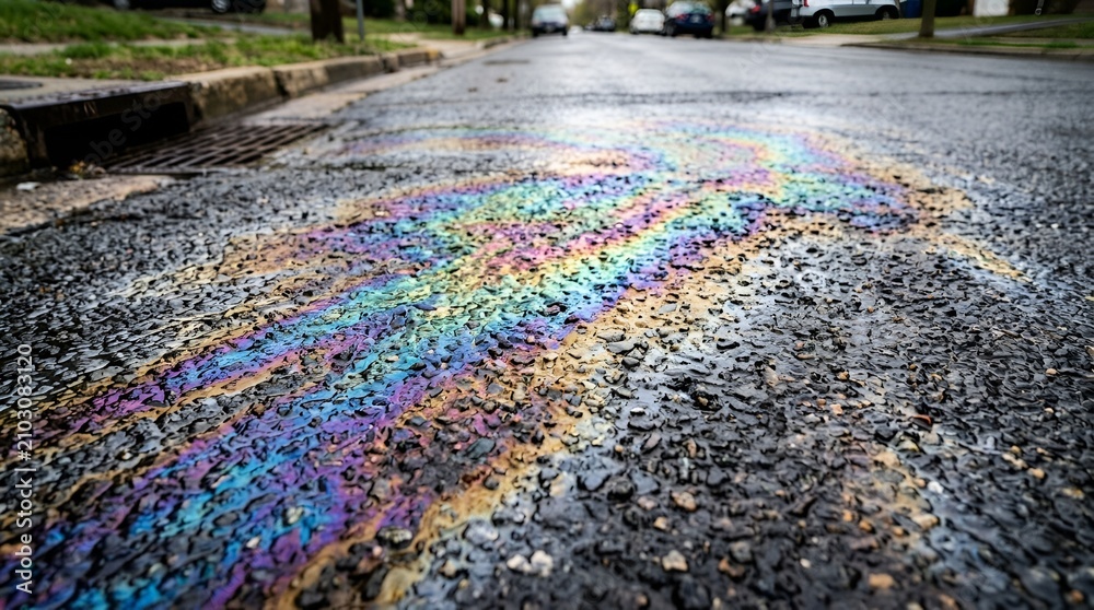 Obraz premium Rainbow oil slick on asphalt road, colorful contamination, environmental pollution concept