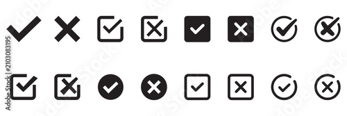 Check mark icon button set. Check box icon with right and wrong buttons and yes or no checkmark icons in green tick box and red cross. Yes, no sign. Approve and reject symbols. 