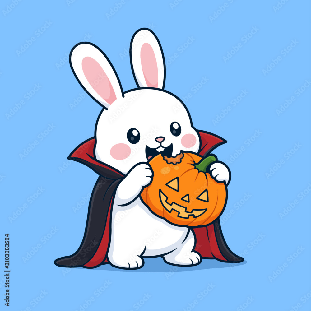 Fototapeta premium Cute Dracula rabbit vector illustration eating a Halloween pumpkin with a happy expression.