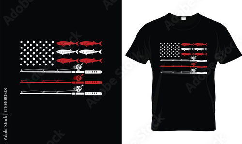 Fotografie Patriot Day T-Shirt with American Flag Made of Fishing Rods and Fish, Vintage Pa