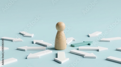 Wooden figure standing among many arrows. Concept of business decision and career path.