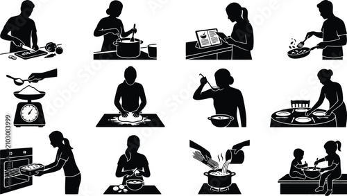 Foto Set of black silhouette showing people engaged in daily kitchen activities, cook