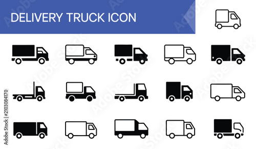 Canvastavla Delivery truck icon set, logistics service cargo van symbols with loading unload