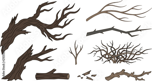 Dry Bare Tree Branches and Wooden Log Vector Illustration Set with Dead Twigs and Driftwood for Forest Nature Graphic Designs (19 words)
