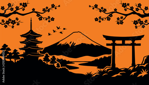 Quadro su tela Traditional Japanese Landscape Vector Illustration with Mount Fuji Silhouette, Pagoda, Torii Gate, and Cherry Blossoms at Sunset, Ideal for Travel Posters and Cultural Backgrounds