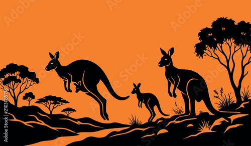 Photos Vector Illustration of Australian Kangaroo Family Silhouettes in the Outback Sun