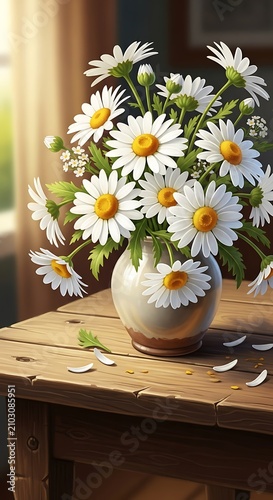 Daisies in Vase on Table.