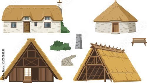 Tableau sur toile Historical Traditional Thatched Roof Houses Vector Set with Stone Cottages, Barn