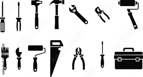Quadro su tela Hardware tools silhouette set including hammer screwdriver saw wrench and toolbox for construction