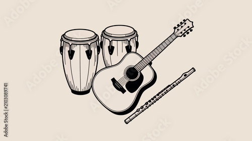 Fotografie Musical instruments set including acoustic guitar, conga drums and flute, handdr
