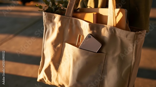 A beige canvas tote bag holds a phone  pens  books  and greenery under warm sunlight on a paved surface