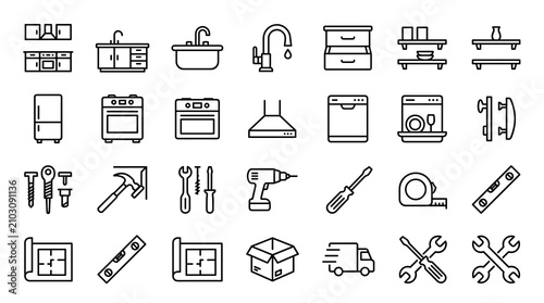Foto Kitchen furniture assembly and installation editable line icon set vector isolat