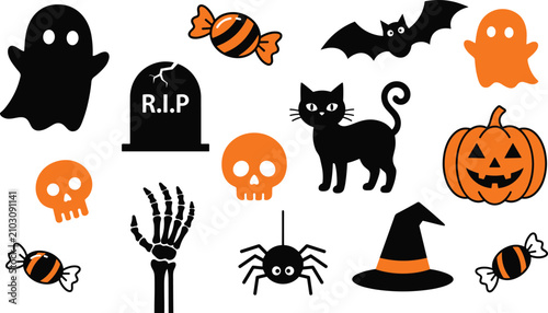Fotografie Halloween vector elements icon set with spooky cute ghost bat black cat pumpkin