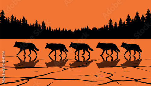 Schilderij op canvas Stunning Silhouette Vector Illustration of a Wolf Pack Walking Across a Frozen L
