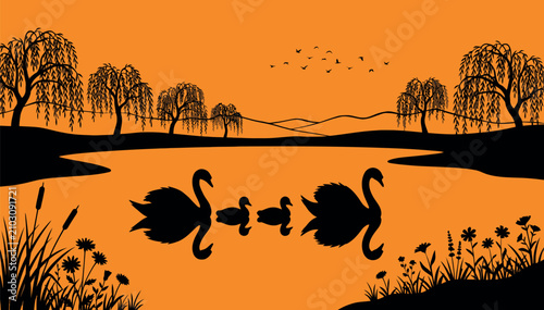 Schilderij op canvas Serene Sunset Silhouette Illustration of a Swan Family Swimming on a Peaceful Lake with Weeping Willow Trees, Flying Birds, and Wildflowers in a Vibrant Orange and Black Vector Landscape