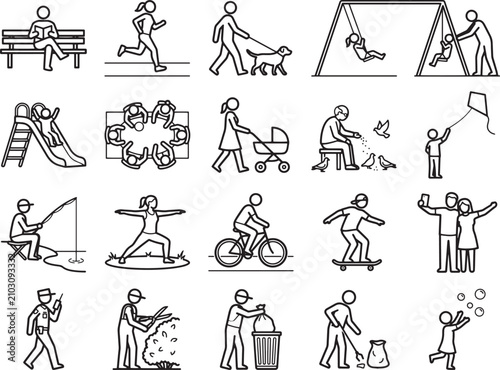 A collection of diverse line art icons depicts various recreational activities and everyday life scenes. Showing people engaged in activities such as resting on a bench, jogging, walking a dog.