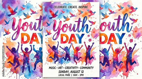 Youth day celebration event poster watercolor art with jumping people, abstract