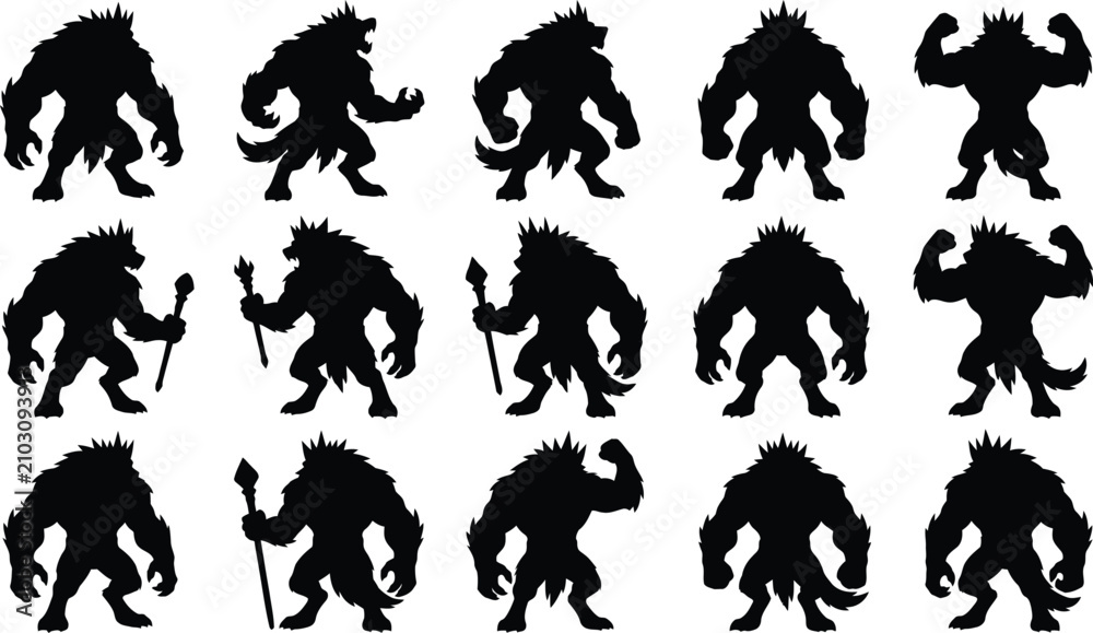 Naklejka premium Halloween icon collection diverse werewolf silhouettes for spooky designs
