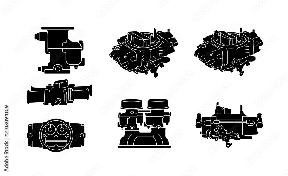 Obraz premium Carburetor Icons Set, Vintage Auto Engine Parts, Retro Mechanical Components Collection