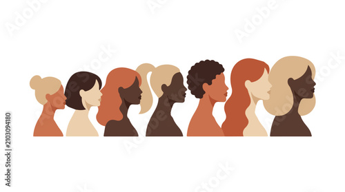 Diverse group of women in profile showcasing different skin tones and hair styles on a neutral background