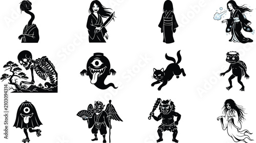 Foto Japanese folklore and yokai collection featuring ghosts, demons, spirits, and tr