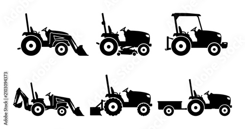 Fotografía Tractor Icons Set, Agricultural Machinery Vector Graphics, Farming Equipment Sil