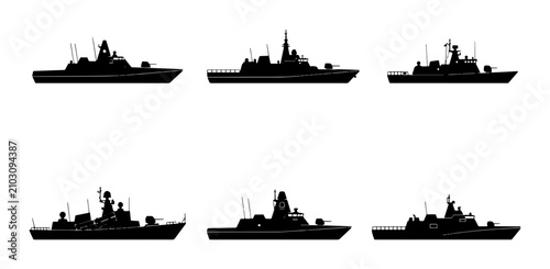 Obraz na płótnie Naval Warships, Military Fleet Silhouettes, Set of Six Modern Battleships Vector
