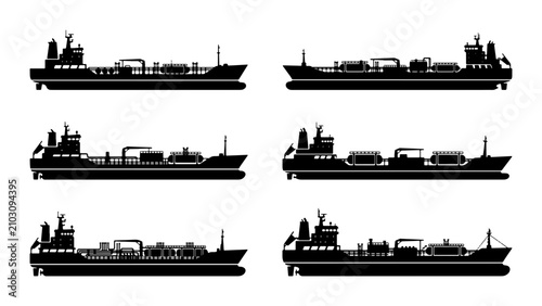 Foto Set of Six Black Silhouettes of Tanker Ships, Cargo Vessels, Maritime Transport