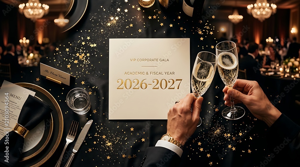 Fototapeta premium Corporate gala dinner table setting with champagne toast for the 2026 2027 fiscal year celebration event