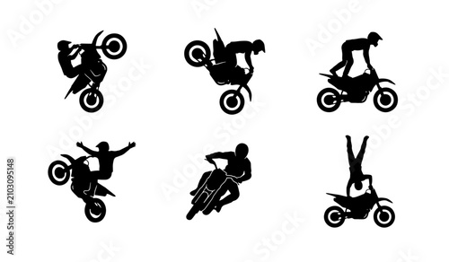 Fotografía Motocross Stunts Silhouettes: Extreme Sports, Motorcycle Tricks, Action Vector P
