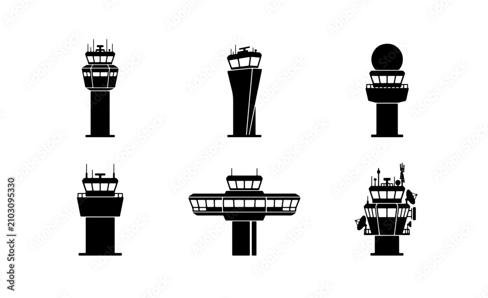 Obraz premium Airport Control Tower Icons, Air Traffic Control Building Silhouettes, Aviation Navigation Structures