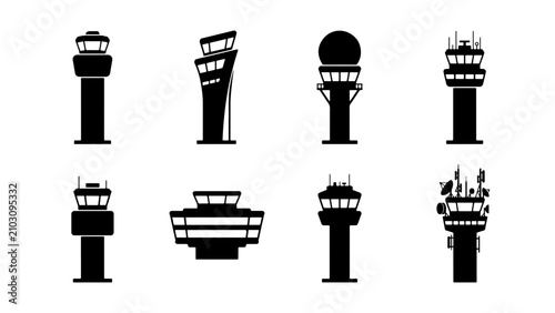 Schilderij op canvas Air Traffic Control Tower Icons, Airport Navigation Buildings, Aviation Control