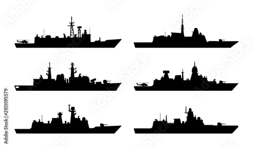 Photos Modern Warships Silhouettes Set, Naval Fleet Vector Icons, Military Vessels Coll