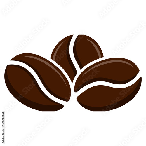 Three dark brown coffee beans with white highlights, isolated on a white background, roasted