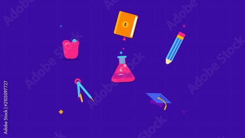 Dynamic science items float in vibrant purple studio.
