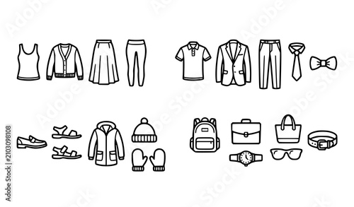 Tableau sur toile Men and women clothes line icon vector set with formal suits casual garments bag