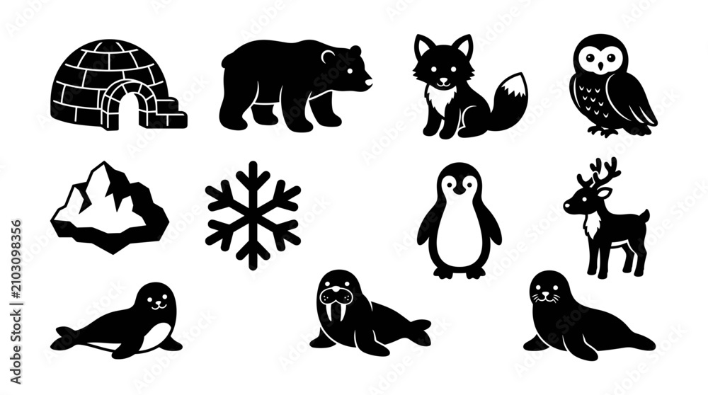 Fototapeta premium Animals and Arctic Symbols Illustrated in Black Silhouettes Featuring Illustration, Vector, Design with Bear and Fox Elements