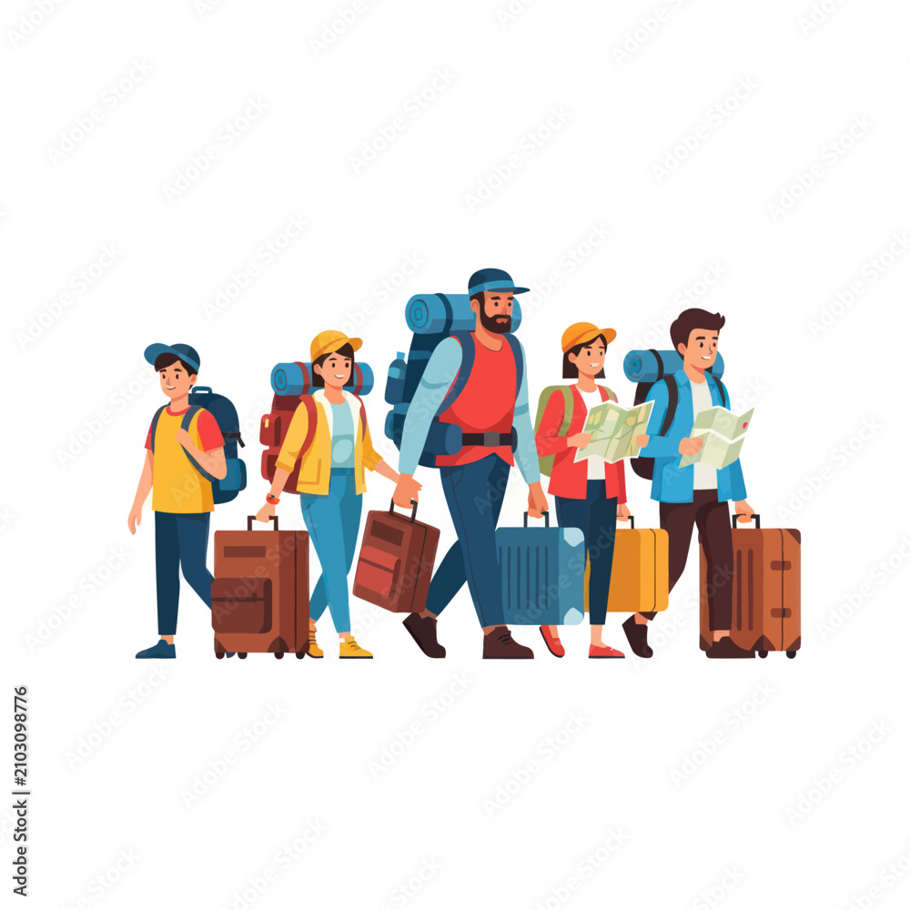 Obraz premium Group of Travelers Walking with Luggage and Maps