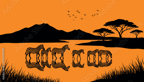 Photography Beautiful African Safari Sunset Vector Illustration Featuring a Herd of Zebras Drinking from a Lake with Mountain Silhouettes, Acacia Trees, and Flying Birds in an Orange Sky