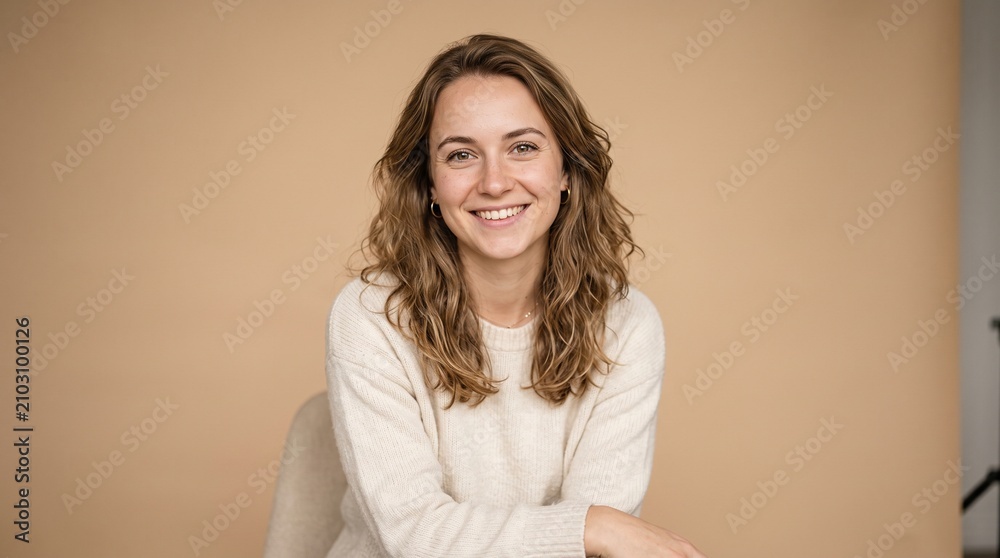 Obraz premium Portrait of a happy young woman with wavy hair wearing a cozy white sweater, smiling and looking at the camera against a neutral beige background.