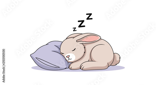 Peaceful cartoon rabbit with light brown fur sleeping soundly on a plush purple pillow against a white background.
