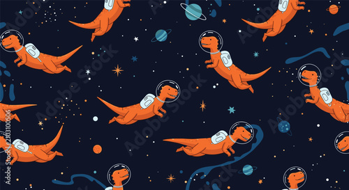 Fun seamless pattern of cute orange dinosaurs as astronauts floating in deep space with planets and stars.