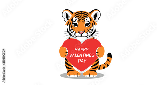 Adorable cartoon tiger cub holding a large red heart with a Happy Valentine's Day message for a sweet greeting.