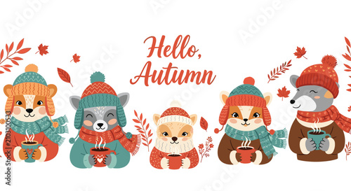 Group of five cute forest animals wearing cozy winter hats and scarves while enjoying hot mugs of cocoa or tea.