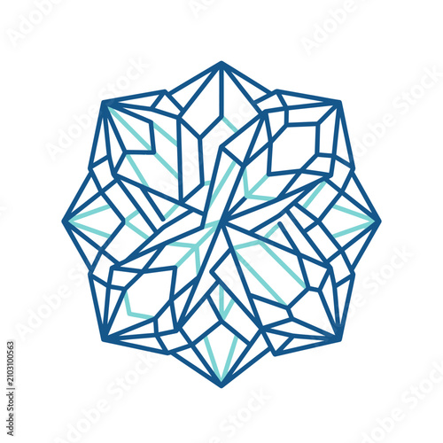 Blue geometric snowflake crystal pattern with symmetrical lines.