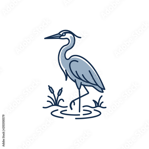 Blue heron standing in water among wetland reeds.