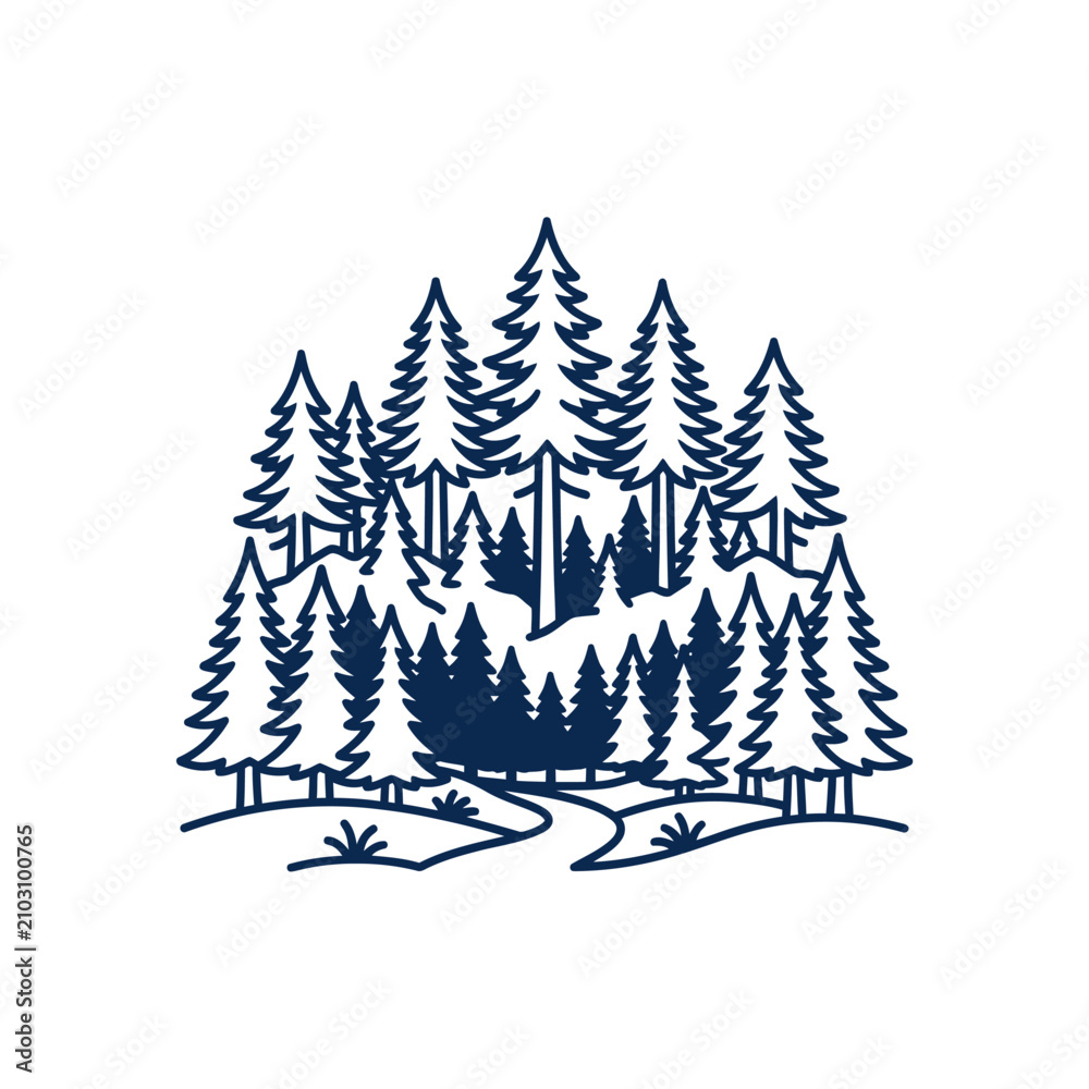 Fototapeta premium Blue line art illustration of woods and path.