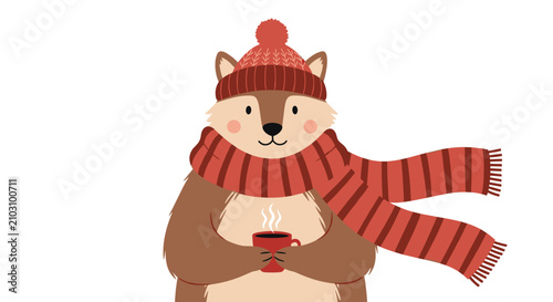 Cute fox character wearing a red knitted hat and striped scarf holding a steaming mug of hot cocoa on a winter day illustration.