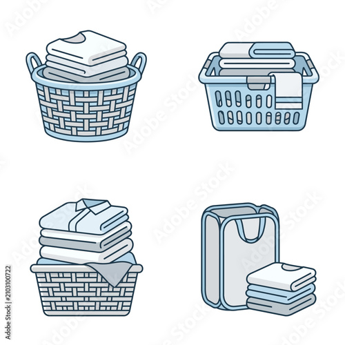 Blue laundry baskets and folded linen icons.
