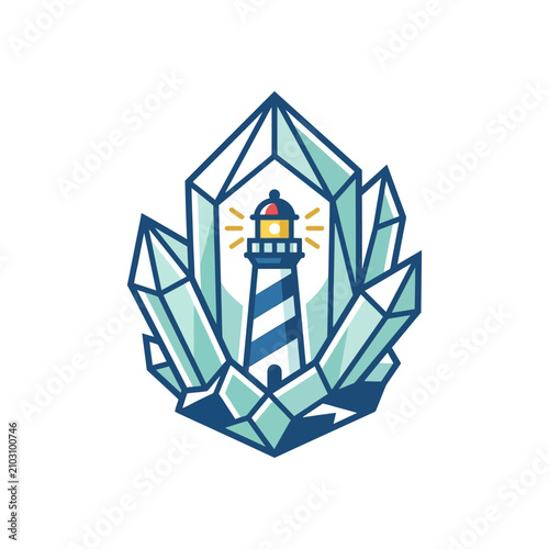 Blue lighthouse surrounded by sharp geometric crystalline structures and shapes